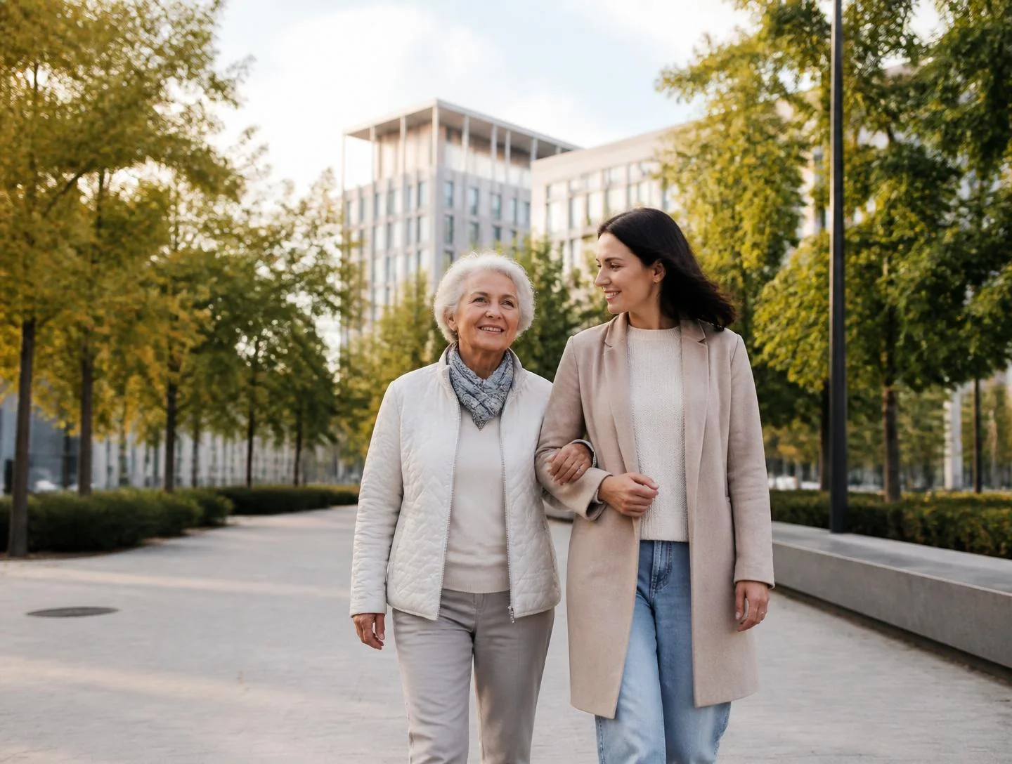 An older adult and a younger family member walking together outdoors in soft morning light
