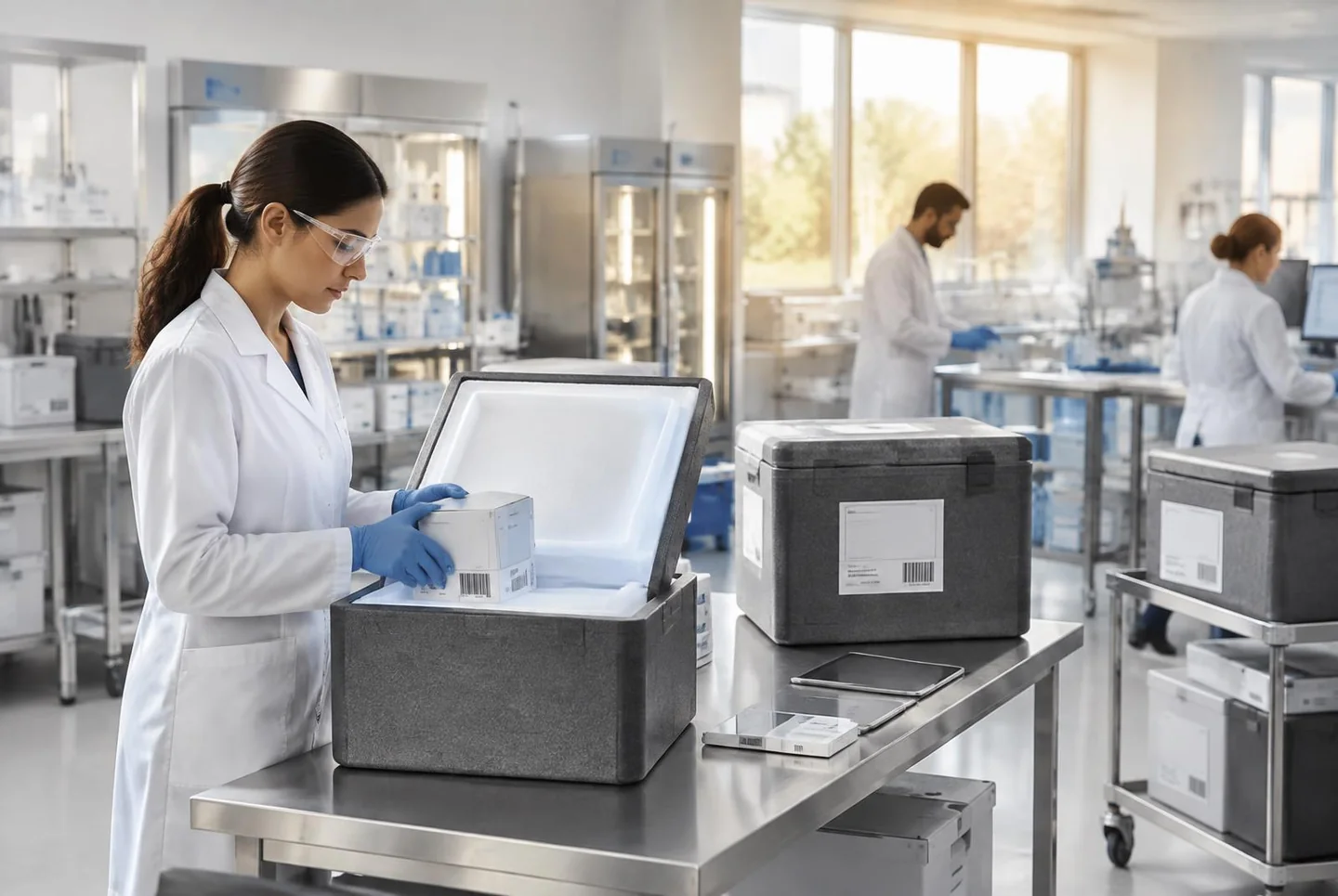 Temperature-controlled shipment being prepared and checked against printed documentation in a modern distribution facility