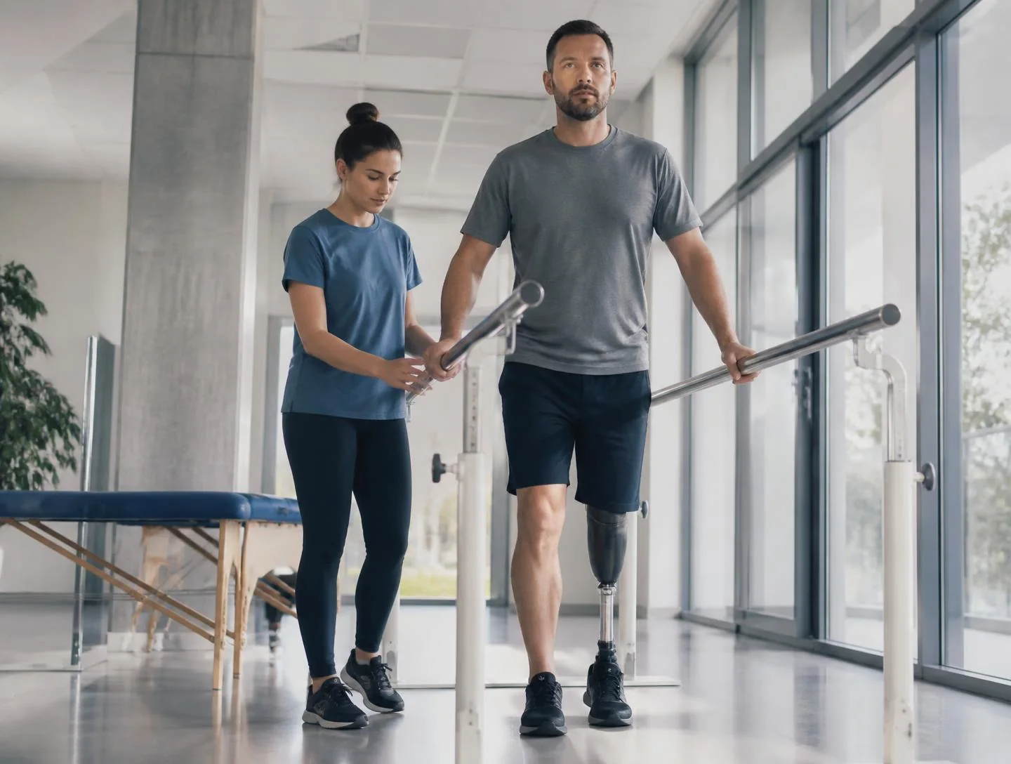 A rehabilitation professional supporting a patient during a mobility session in a light, contemporary clinic