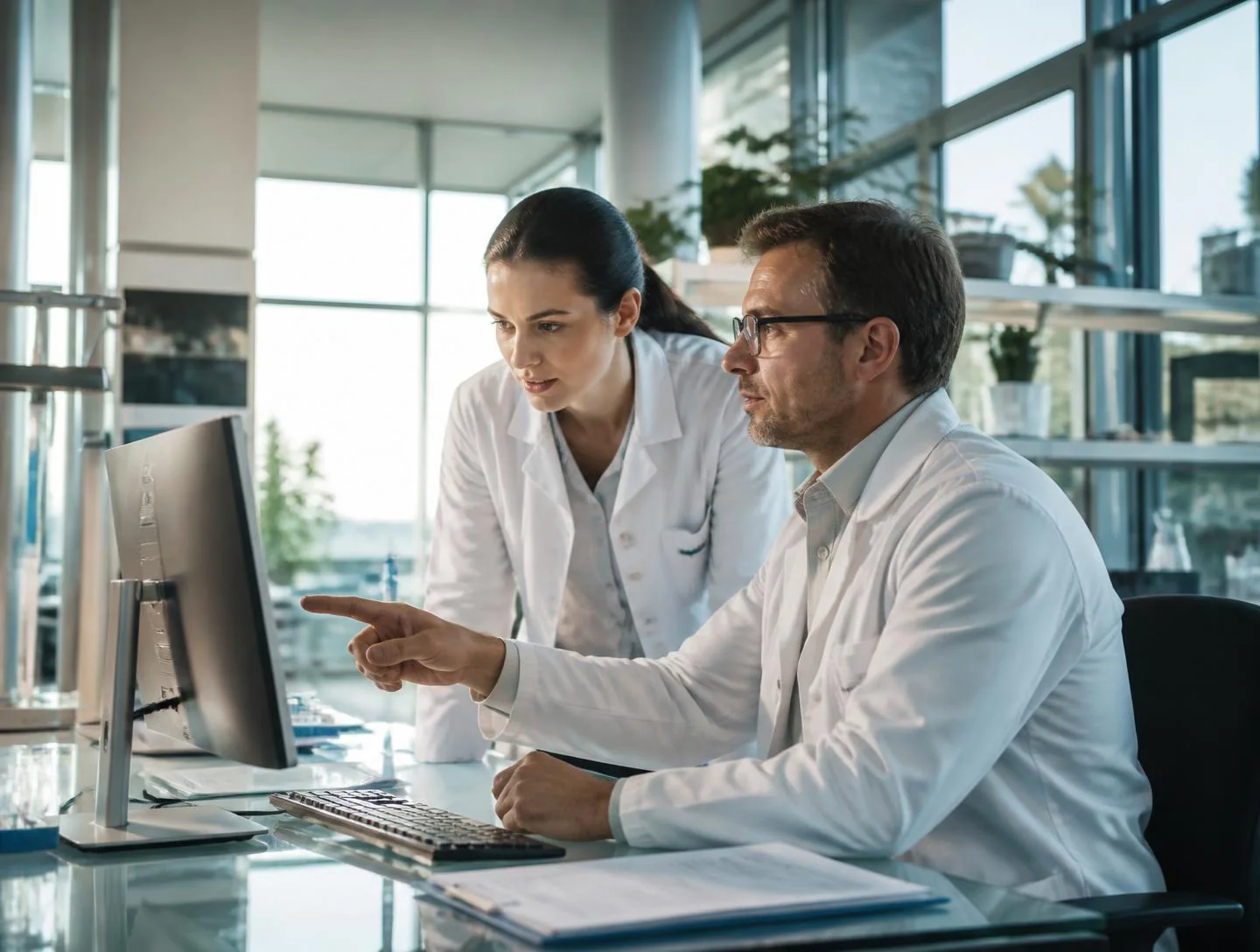 A researcher reviewing analytical results at a workstation in a modern research facility