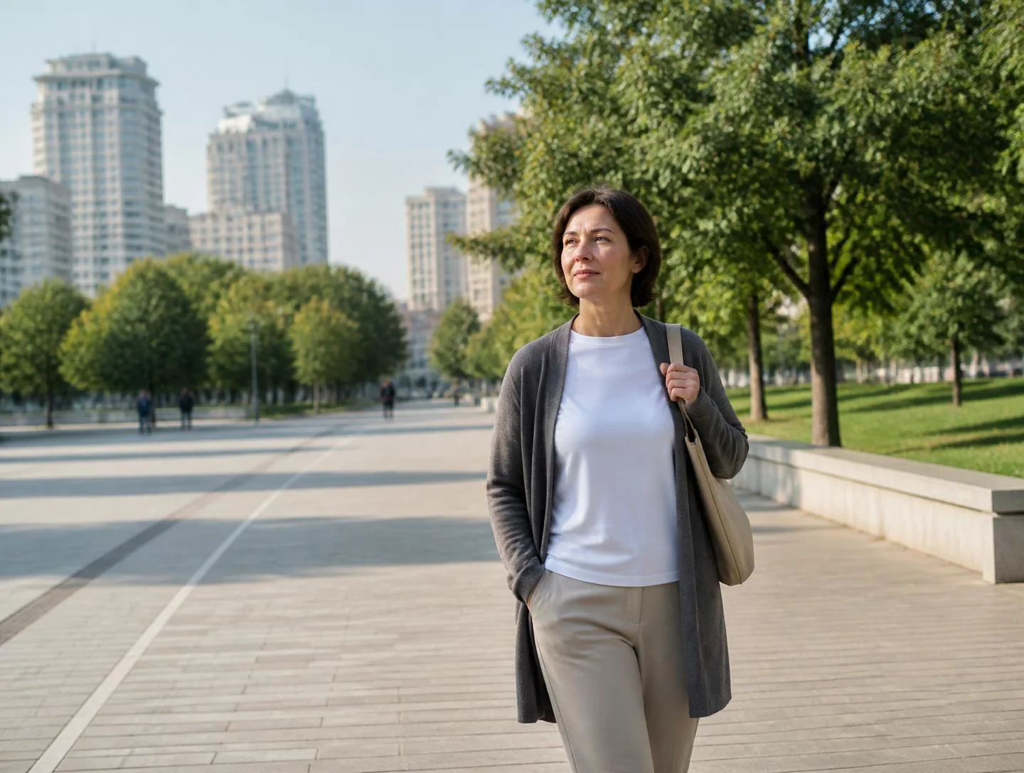 A person walking through a bright modern city street in daylight