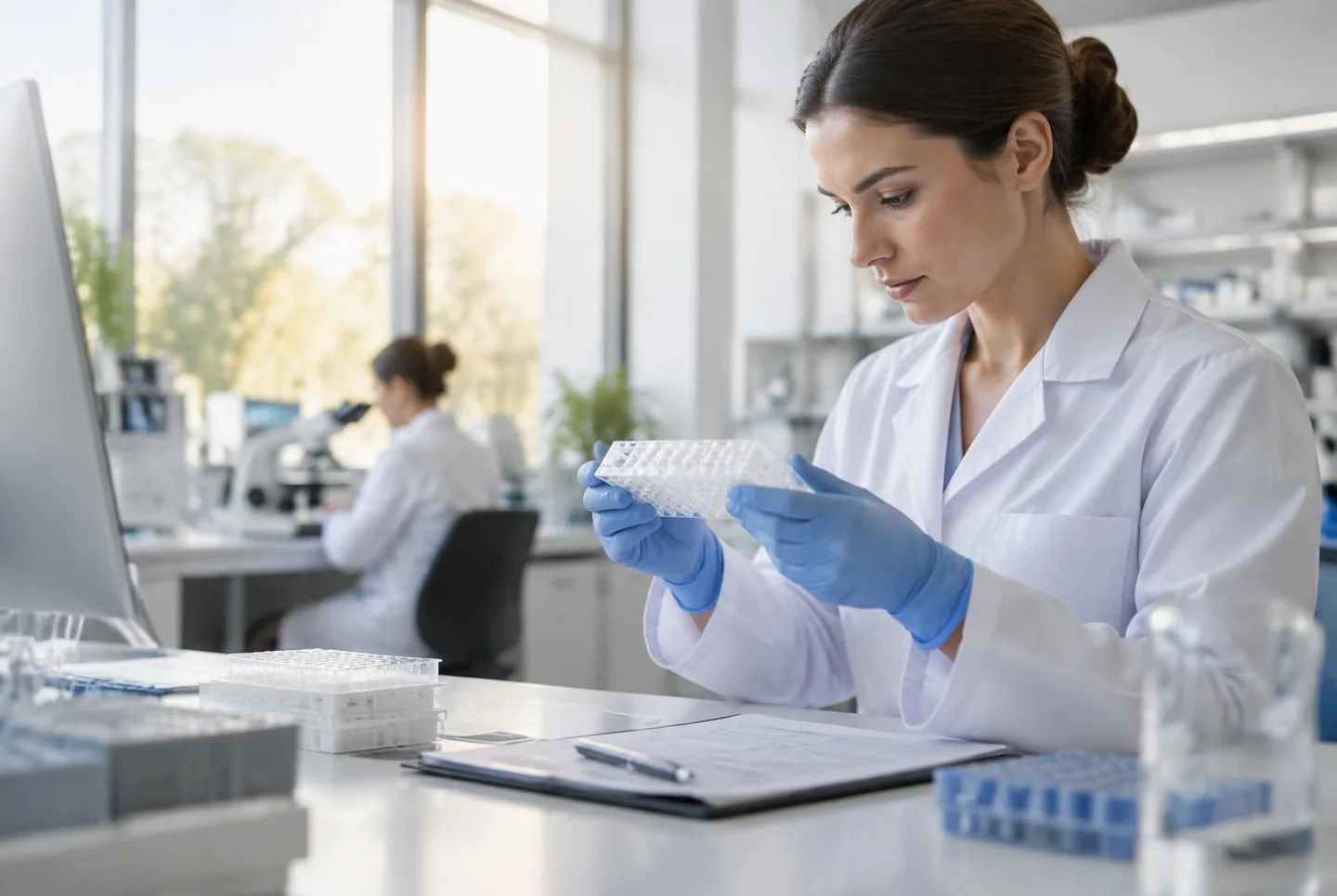 Research professional reviewing a sample tray and quality documentation in a modern laboratory