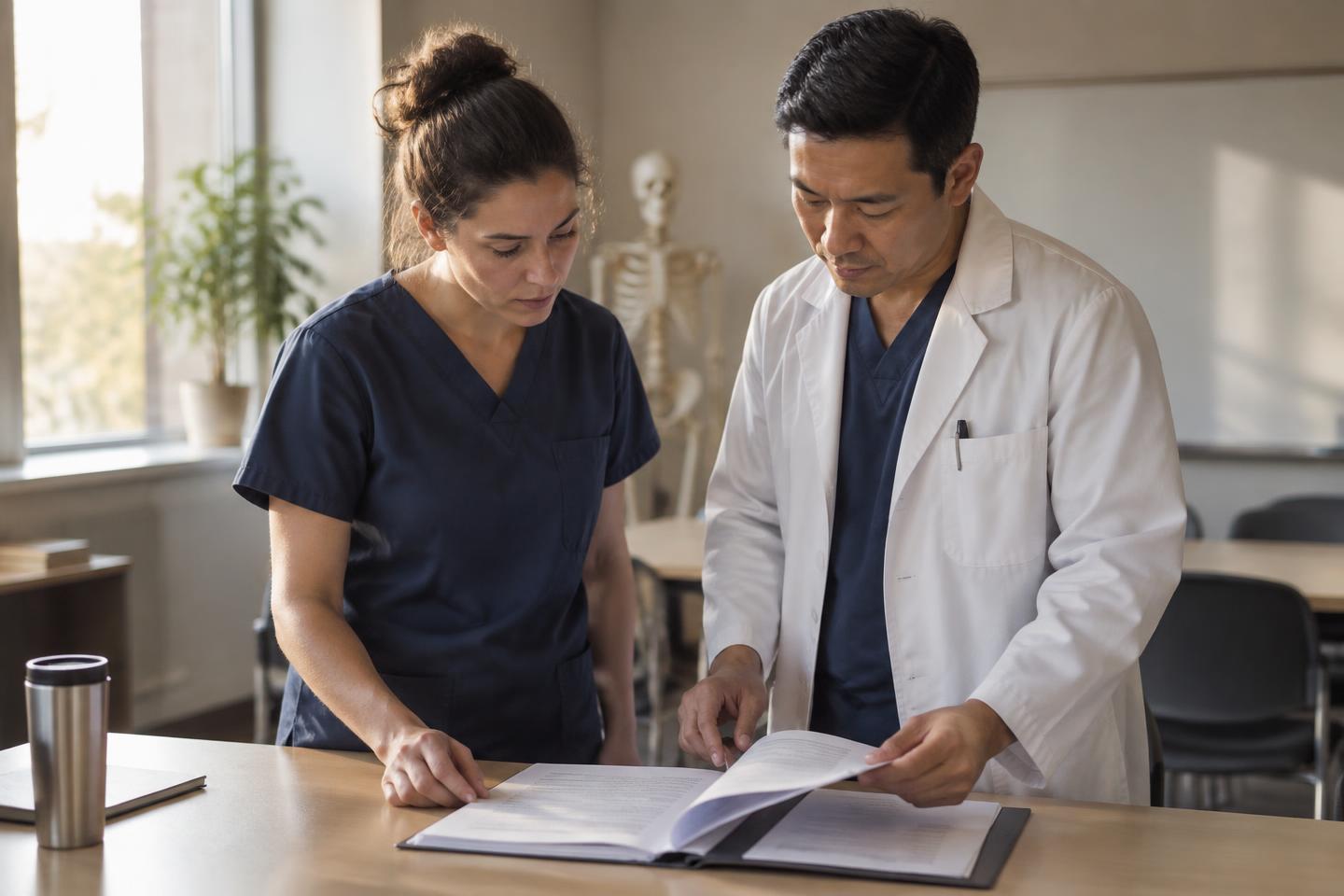 Two healthcare professionals standing at a table, reading a printed quality document together